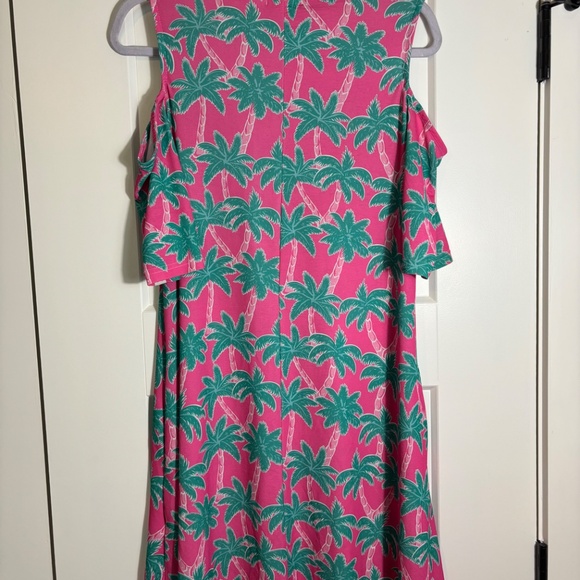 Simply Southern Dress Pink with Green Palm Trees Cold‎ Shoulder Size M - Picture 2 of 4